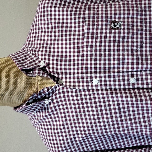 Cinch checkered burgandy white button down shirt cotton - Picture 1 of 7